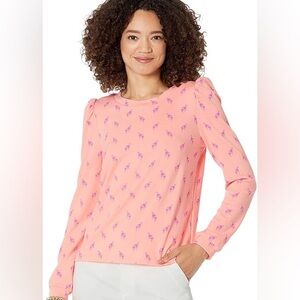 Lilly Pulitzer Peach Pink Long-Sleeve Crewneck Sweatshirt with Flamingo Print